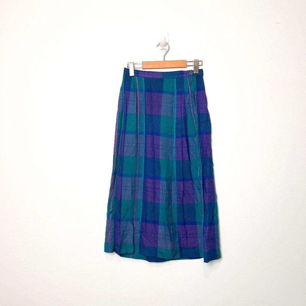 Vintage 80's Teal Plain A-Line Midi Skirt